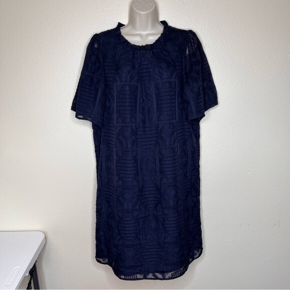 Jade Melody Tam Embroidered Swiss Dot Flutter Sleeve Navy Dress Women Large - Picture 12 of 12